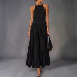 Tibi 100% Silk Pleated Halter Midi Maxi Dress Sz 2 Minimalist Quiet Luxury